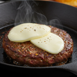 Beef patties cooking in a skillet with melting mozzarella