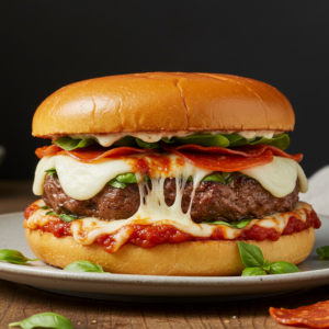 Fully assembled pizza burger with cheese, sauce, and pepperoni