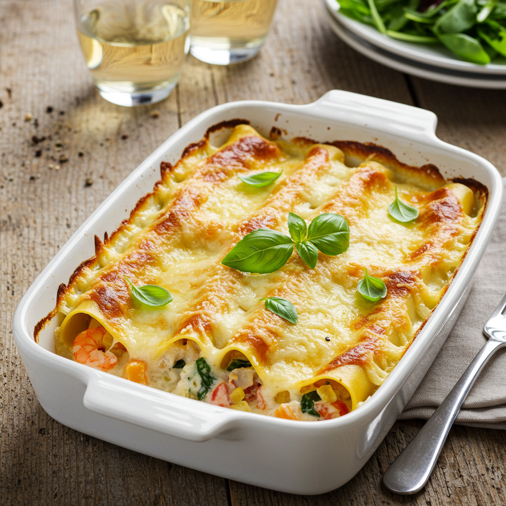 Creamy seafood cannelloni with melted cheese and fresh basil