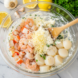 Seafood filling mixture with ricotta, shrimp, and crab being mixed in a bowl