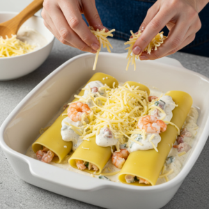 Seafood ricotta filling being piped into cannelloni tubes before baking