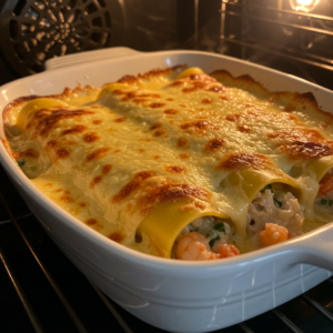 Seafood cannelloni baking in the oven with cheese bubbling on top