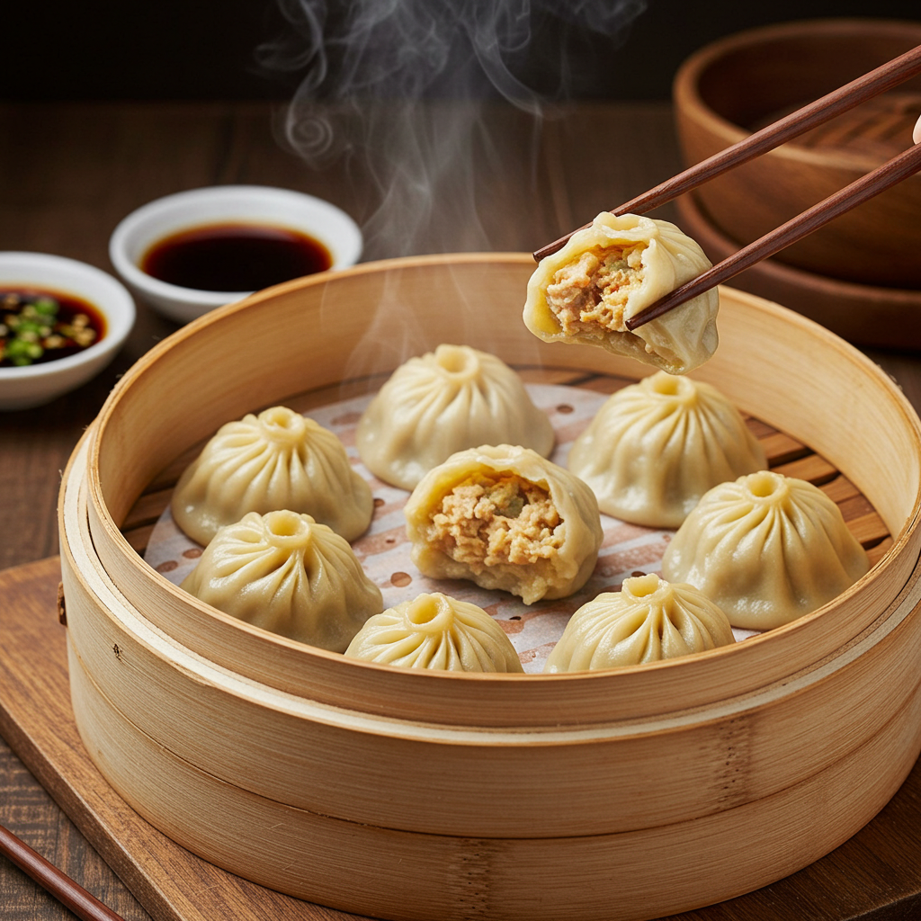 Steamed chicken soup dumplings in a bamboo steamer with dipping sauce