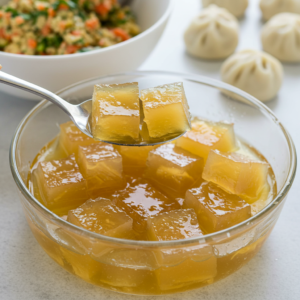 Gelatinized chicken soup aspic cut into cubes for dumpling filling