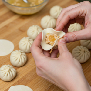 Hands pleating a dumpling wrapper around chicken and soup gelatin filling