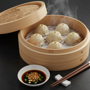 Steamed chicken soup dumplings in a bamboo steamer with steam rising