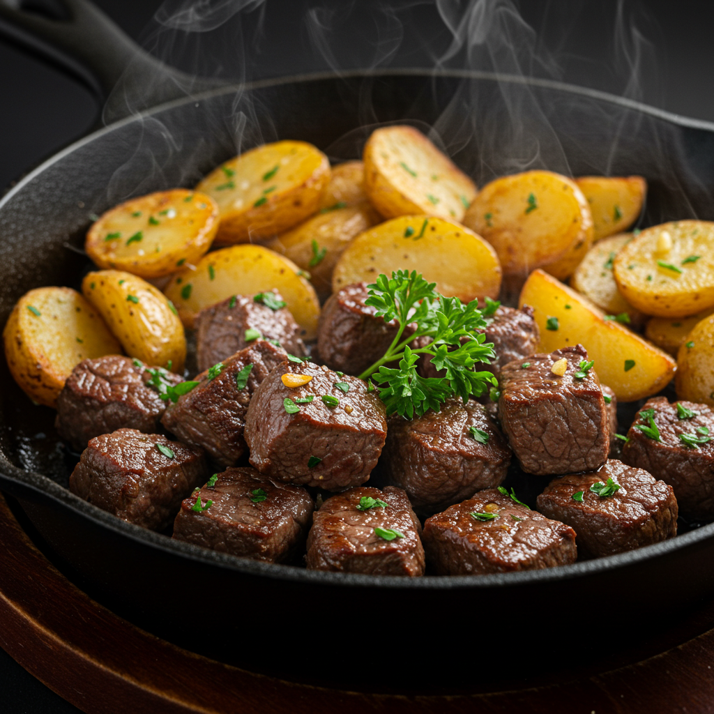 Juicy steak bites and crispy potatoes cooked in a cast-iron skillet with garlic butter glaze.