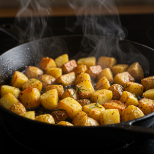 Crispy golden potatoes frying in a cast-iron skillet with garlic butter.