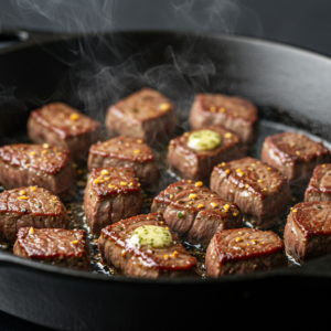 Seared steak bites cooking in a skillet with garlic butter and herbs.