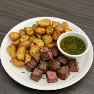 Plated steak bites and crispy potatoes with fresh parsley and dipping sauce.