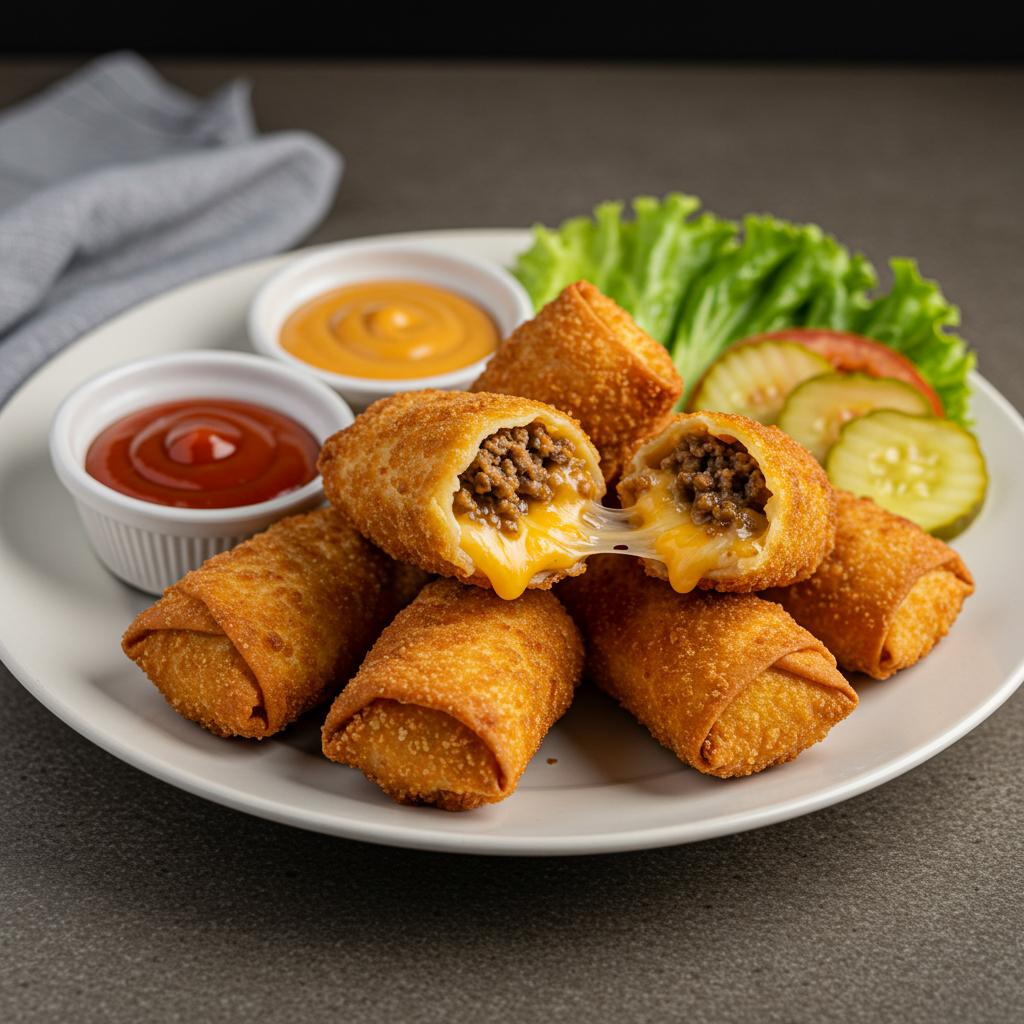 Crispy cheeseburger egg rolls with melted cheese and seasoned beef filling, served with dipping sauces.