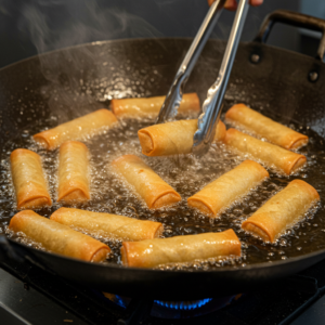 Cheeseburger egg rolls frying to a golden-brown crisp in hot oil.