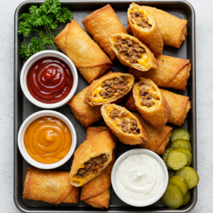  Plated cheeseburger egg rolls with dipping sauces, garnished with fresh parsley and pickles.