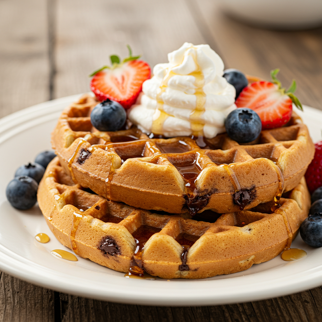 Golden-brown chocolate chip waffles with melted chocolate chips, topped with syrup, whipped cream, and fresh berries.