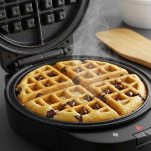 A chocolate chip waffle cooking in a waffle maker with melted chocolate chips.