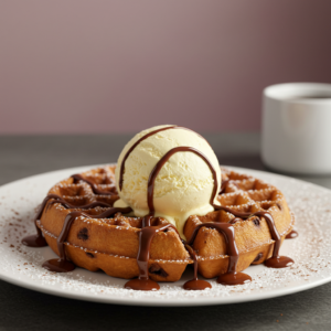 Chocolate chip waffles topped with vanilla ice cream and chocolate sauce.