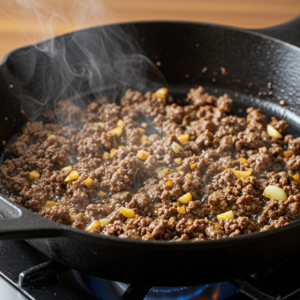 Ground beef browning in a skillet with garlic and ginger.