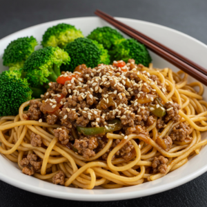 Mongolian Ground Beef and Noodles served with a side of broccoli.