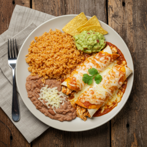 Chicken and Cream Cheese Enchiladas with Mexican Rice and Refried Beans