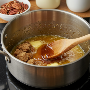 Melted butter, brown sugar, and maple syrup being stirred in a saucepan for pecan pie filling.