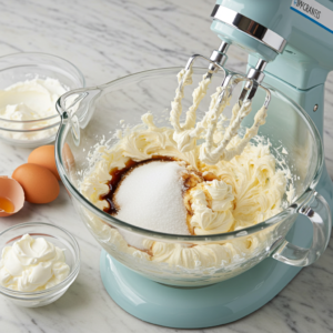 Cream cheese being beaten with sugar and vanilla in a stand mixer for cheesecake filling.