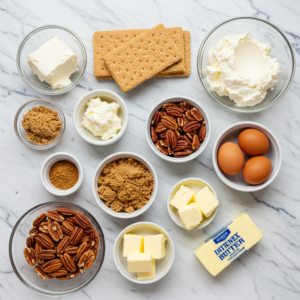 Ingredients for making pecan pie cheesecake, including pecans, cream cheese, and graham crackers.