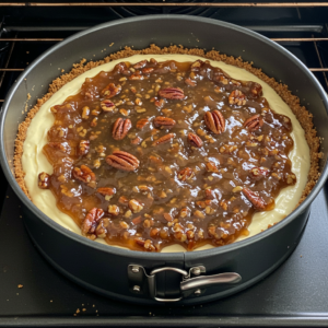 Layering cheesecake batter and pecan filling in a springform pan before baking.