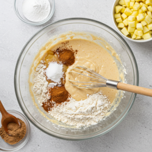  Mixing Apple Fritter Bites Batter – Flour, Cinnamon & Apples