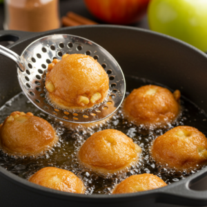 Apple Fritter Bites Frying in Oil – Golden & Crispy