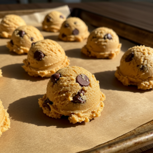 Peanut Butter Chocolate Chip Cookie Dough on a Baking Sheet