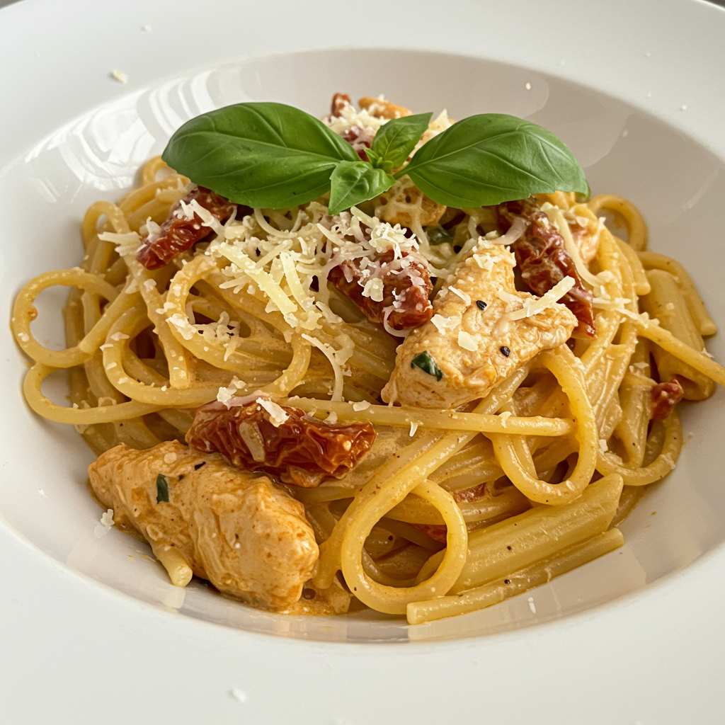 Marry Me Chicken Pasta in a creamy sun-dried tomato sauce, topped with Parmesan and basil.