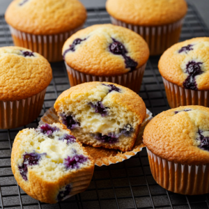 Blueberry Cream Cheese Muffins Cooling on a Wire Rack