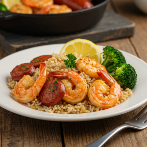  Plated shrimp, sausage, and broccoli with rice.