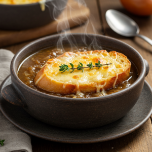  A bowl of French Onion Soup topped with melted cheese and fresh thyme