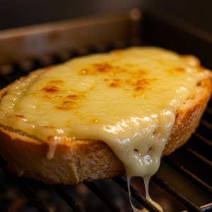 Golden, bubbly Gruyère cheese melting on a toasted baguette for French Onion Soup