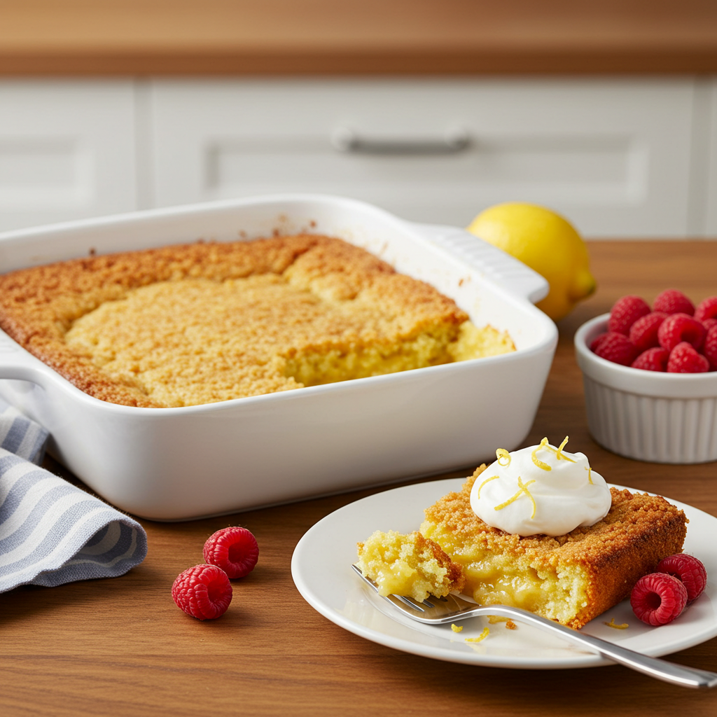 Golden Lemon Dump Cake served with whipped cream and lemon zest.