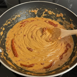 Rich sun-dried tomato cream sauce in a skillet, thick and velvety.