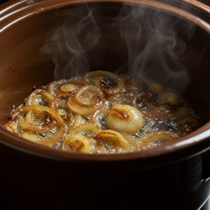 Caramelized onions slowly cooking in a crockpot for French Onion Soup