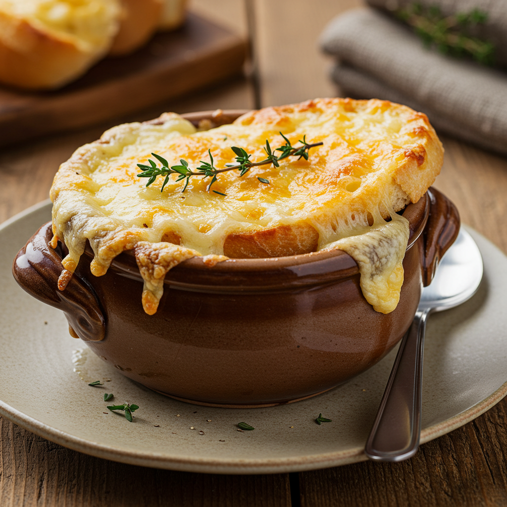 A bowl of Crockpot French Onion Soup with caramelized onions, toasted bread, and melted cheese