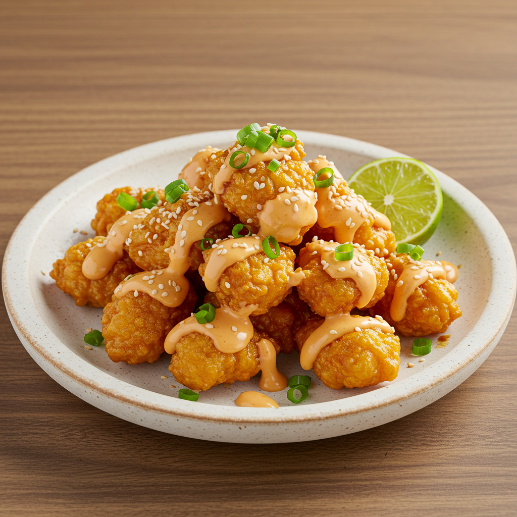 A plate of crispy Bang Bang Chicken with creamy spicy sauce