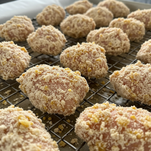 Coated chicken pieces ready to be fried for Bang Bang Chicken