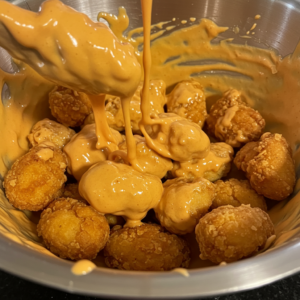 Crispy chicken bites being tossed in Bang Bang sauce