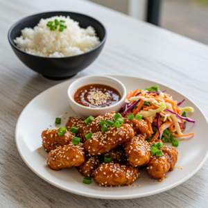 Bang Bang Chicken served with jasmine rice and slaw