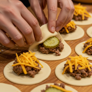 Assembling Cheeseburger Bombs by filling dough with beef and cheese