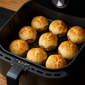 Cheeseburger Bombs cooking in an air fryer at 375°F