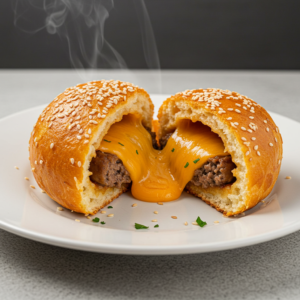 Cheeseburger Bomb cut open to reveal melted cheese and beef