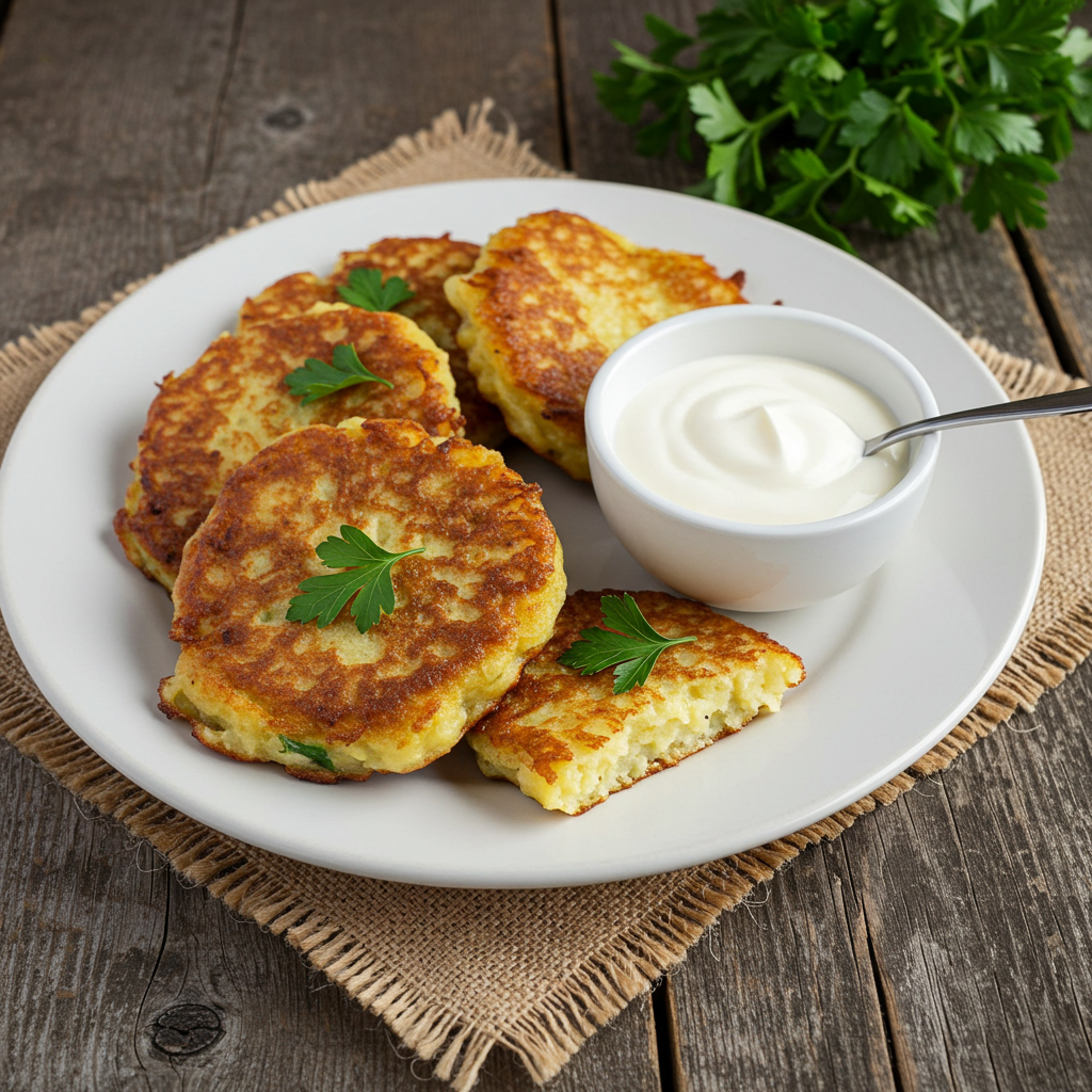 Crispy German Potato Pancakes served with sour cream