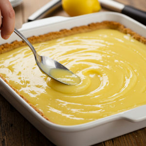 Lemon pie filling being spread into a baking dish for Lemon Dump Cake.