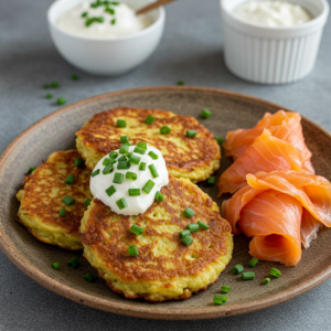 German Potato Pancakes topped with sour cream and chives