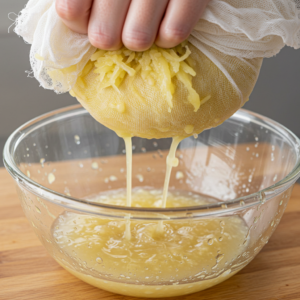 Grated potatoes being squeezed in cheesecloth for German Potato Pancakes